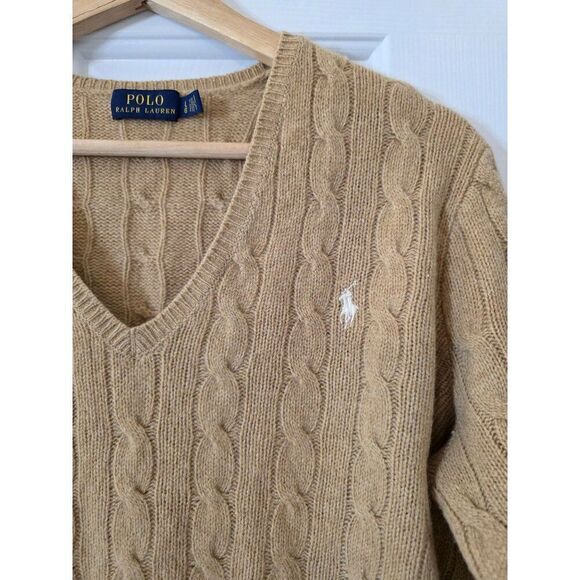 Polo ralph lauren Cable-Knit Wool-Cashmere V-Neck Sweater L  Camel Melange $198 - Picture 4 of 9